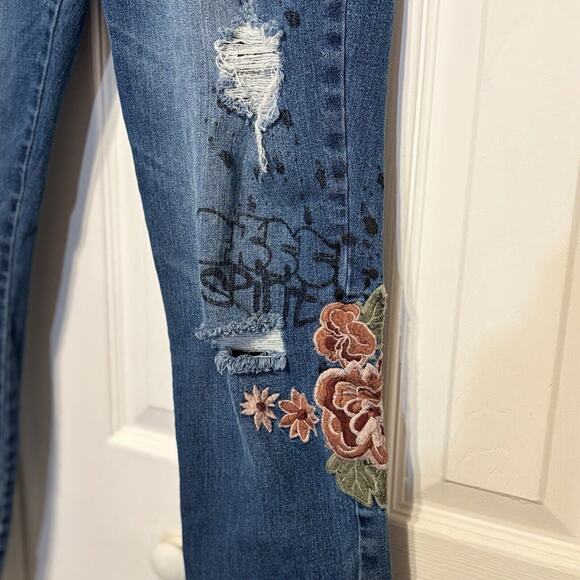 Blue Spice Womens 11 Jeans Embroidered Painted Straight Peace Distressed - Picture 5 of 15